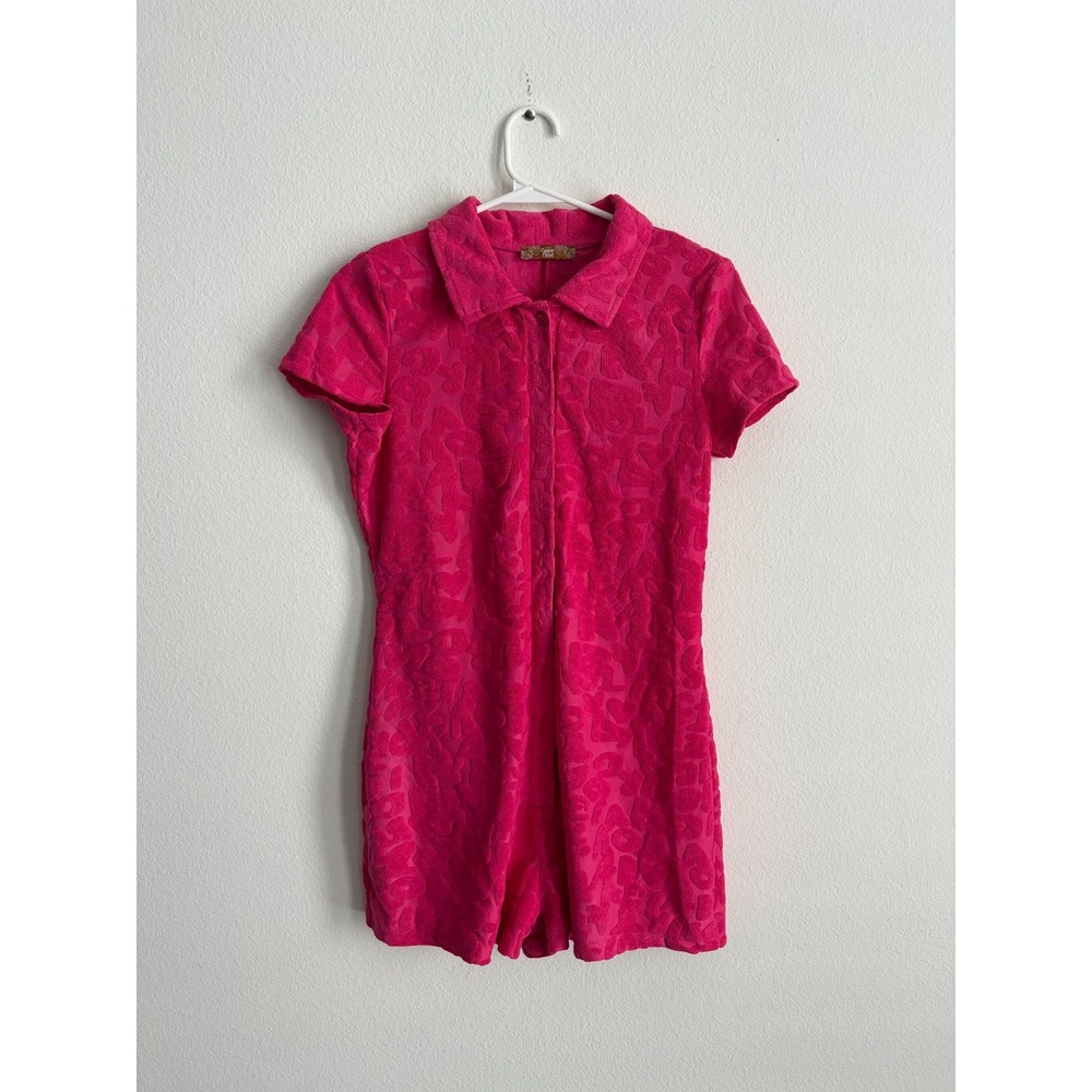 The Copper Closet Playsuit Womens Bright Pink Embossed Towelling Button Front